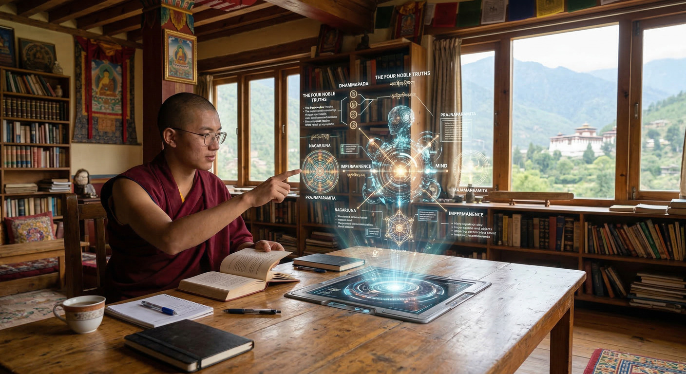 A Buddhist monk and an AI collaborating — Nāgārjuna visible on screen