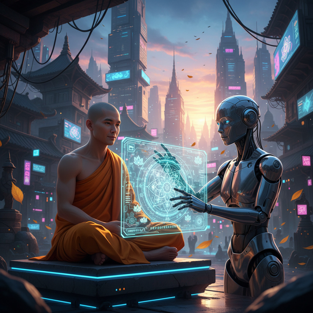 A Buddhist and an AI collaborating — cyberpunk city street style