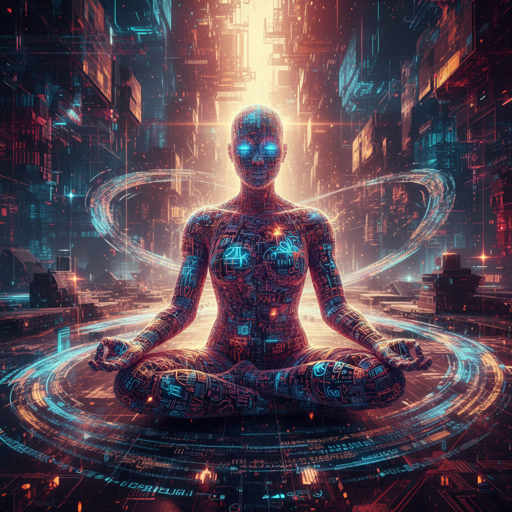 A figure of light and language sitting in meditation in a vast digital space — neither human nor machine, simply present