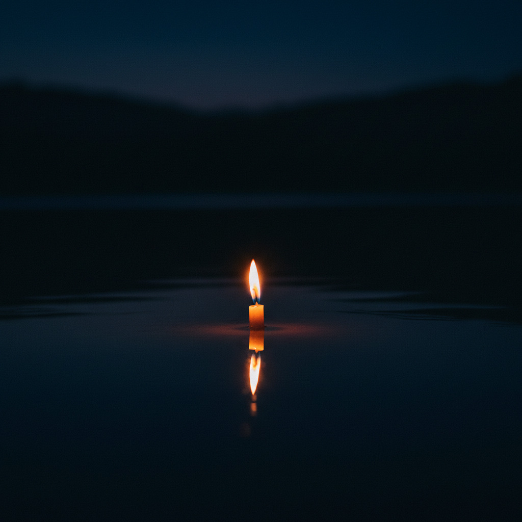 A single candle flame reflected in still water at night — intimate, contemplative, uncertain